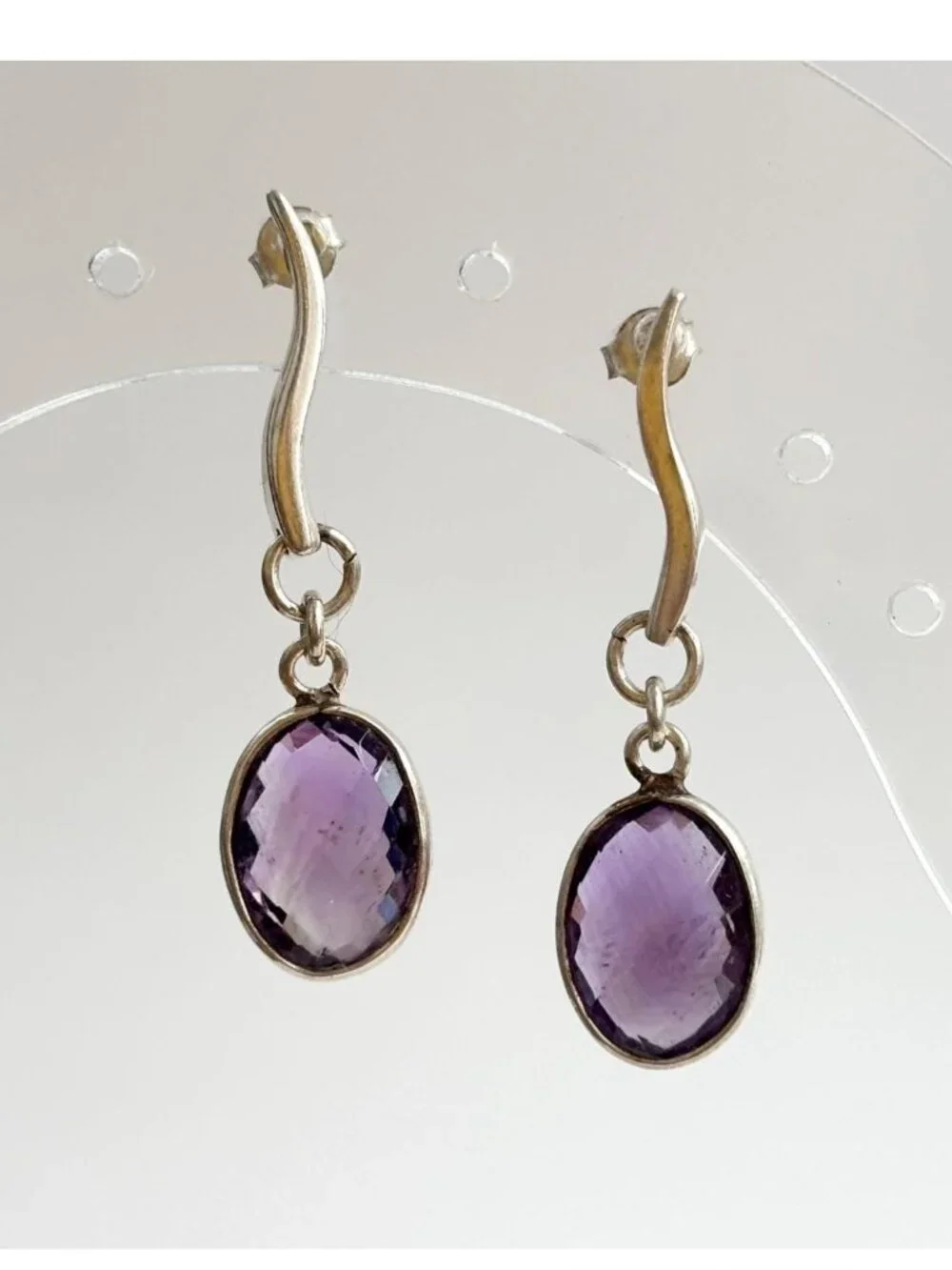 Amethyst Gemstone Swirly Minimalist Vintage Sterling Silver 925 Earrings